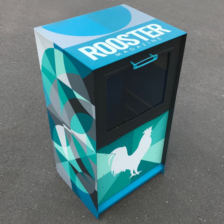 Rooster Magazine bin painted by Colorado artist Jason T. Graves